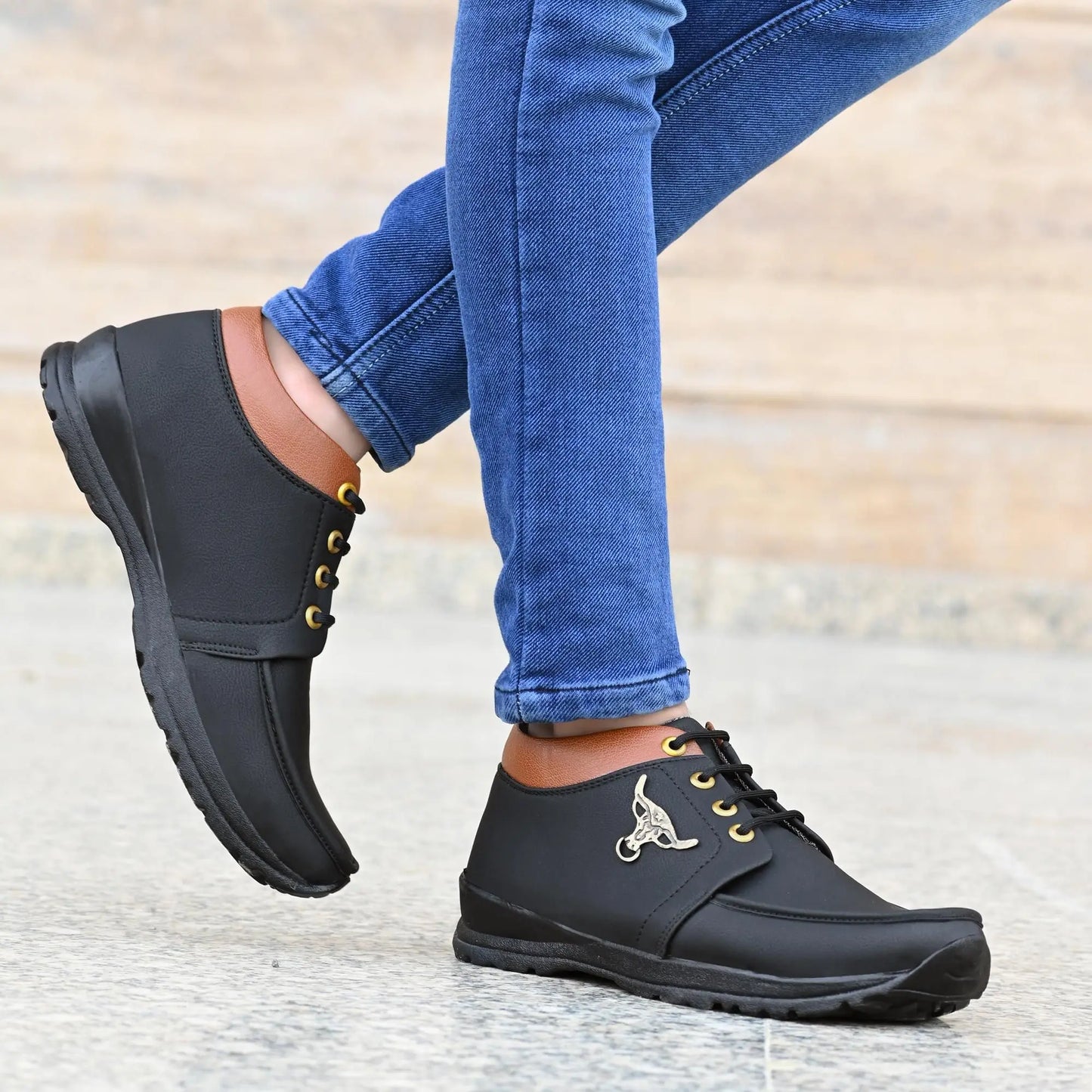 Men's Synthetic Leather Lace Up Boot Slide Leather Shoes Black
