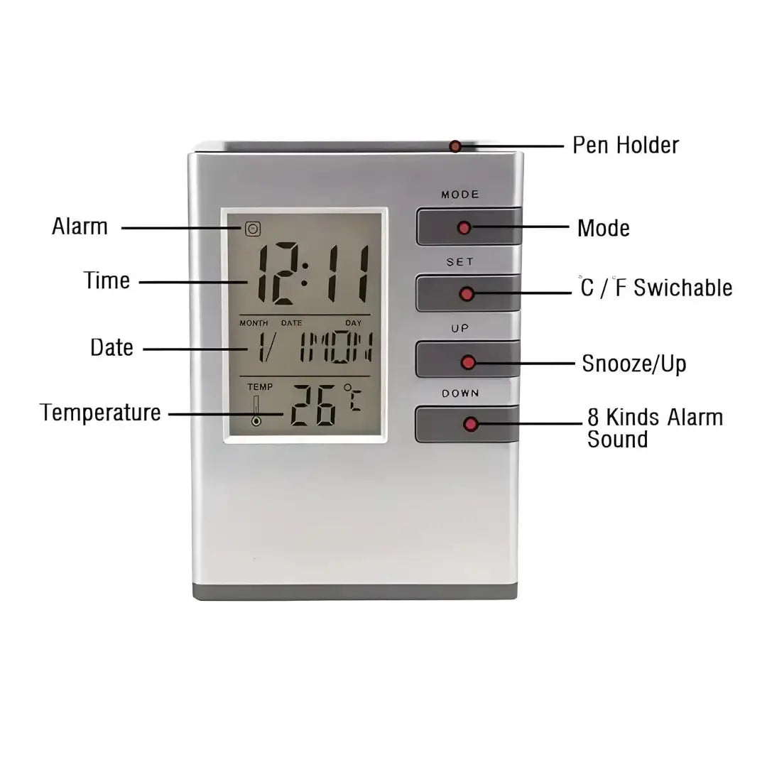 Pen Holder With LCD Display Digital Alarm Clock