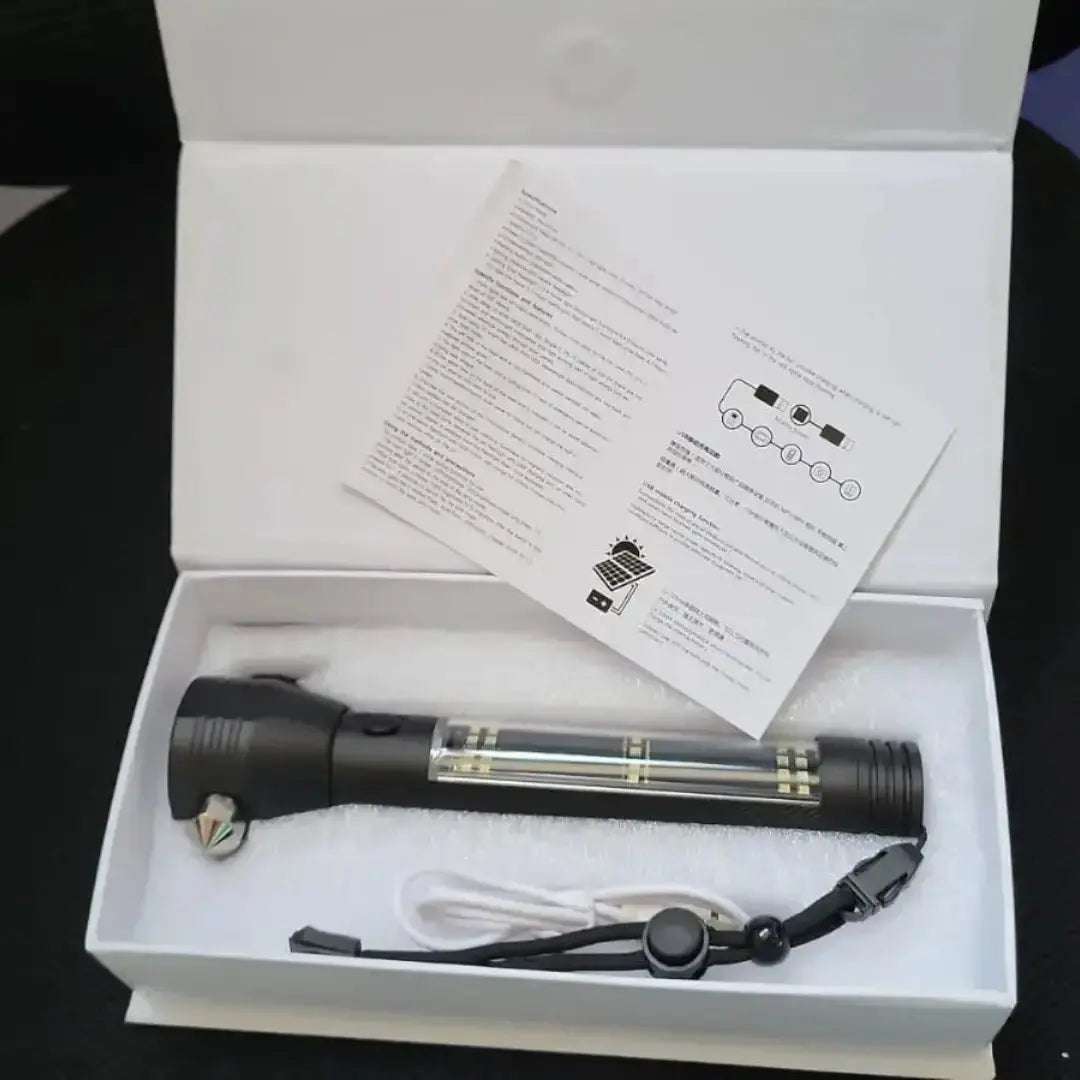 Multifunctional Flashlight & LED Torch Light for Outdoor Use with Glass Breaker, Seatbelt Cutter, Alarm and Phone Charger