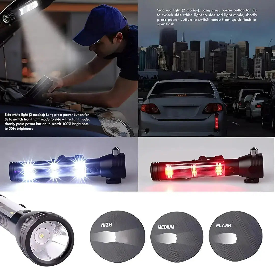 Multifunctional Flashlight & LED Torch Light for Outdoor Use with Glass Breaker, Seatbelt Cutter, Alarm and Phone Charger