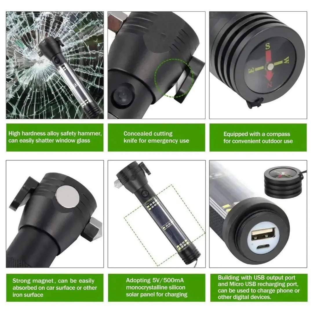 Multifunctional Flashlight & LED Torch Light for Outdoor Use with Glass Breaker, Seatbelt Cutter, Alarm and Phone Charger