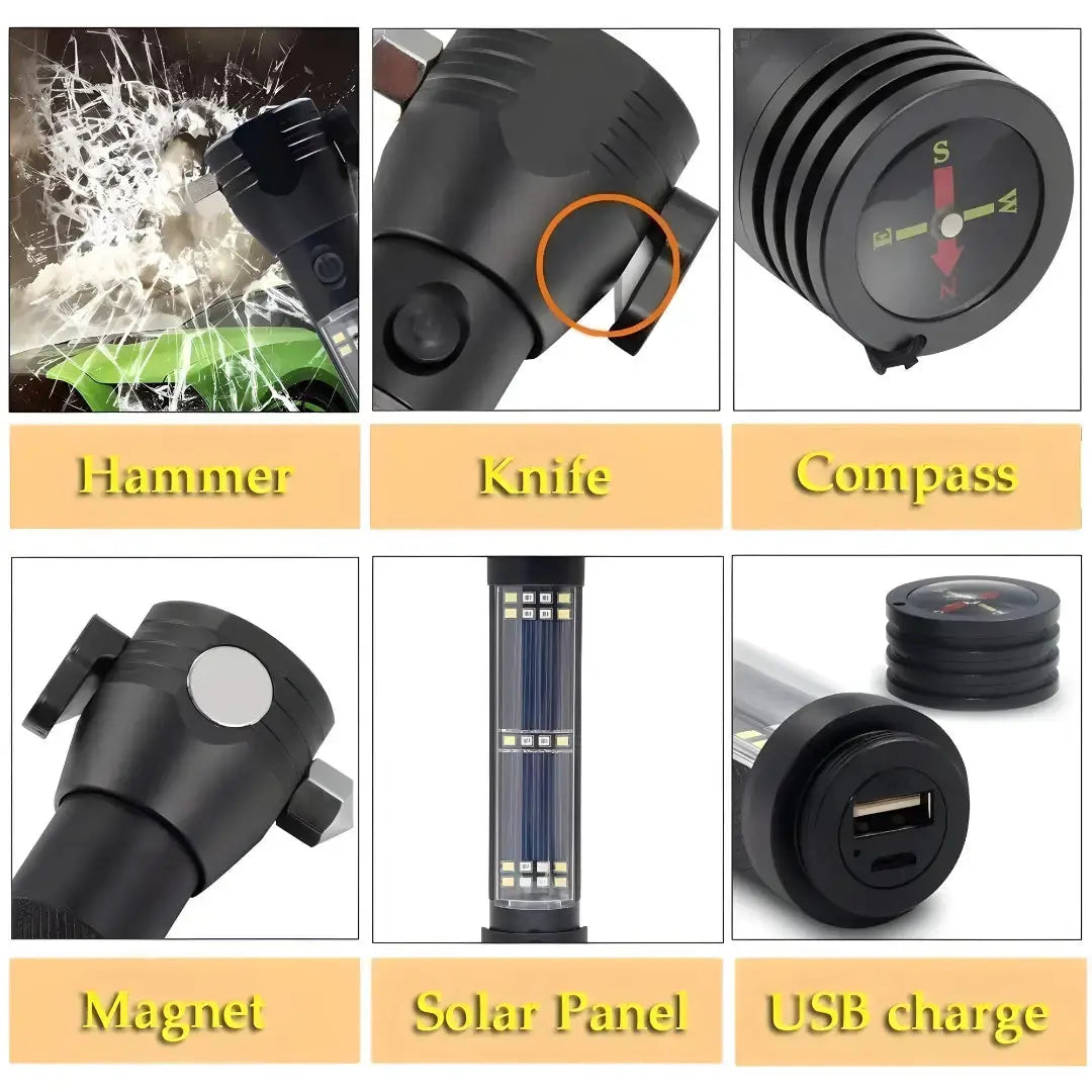 Multifunctional Flashlight & LED Torch Light for Outdoor Use with Glass Breaker, Seatbelt Cutter, Alarm and Phone Charger