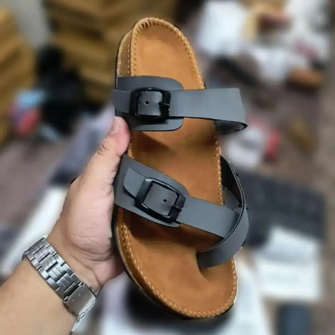 Brown Slippers for Men with Leather Buckle Straps