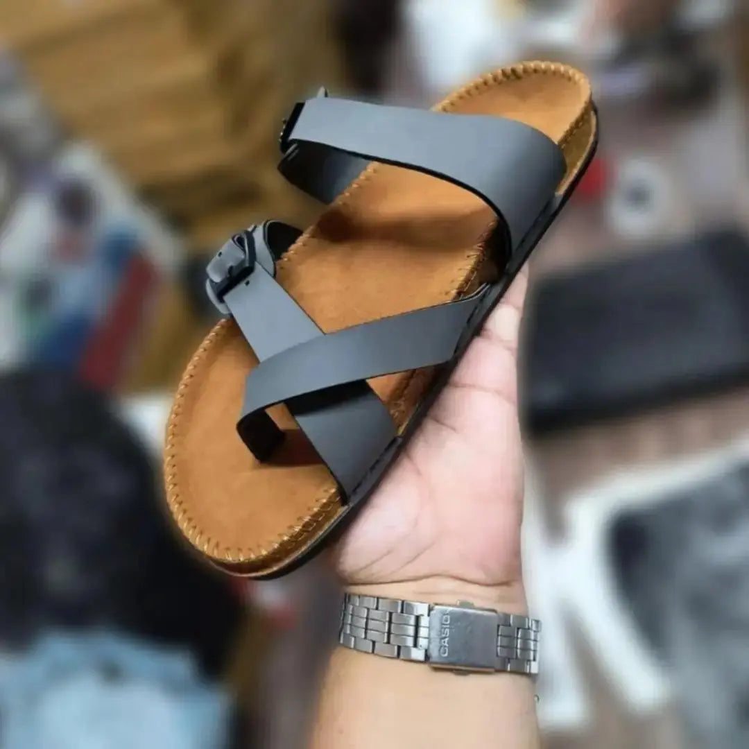 Brown Slippers for Men with Leather Buckle Straps