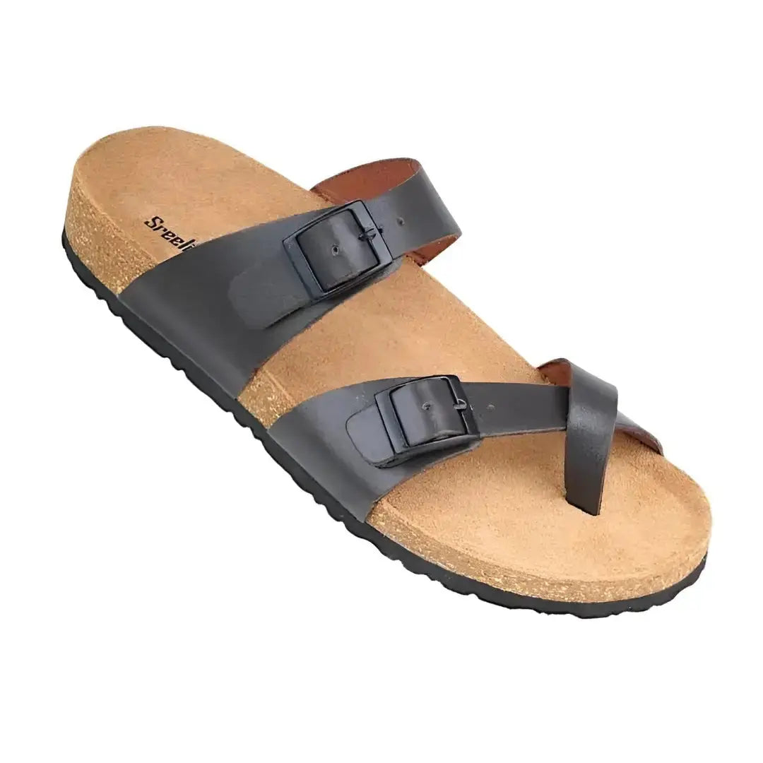 Brown Slippers for Men with Leather Buckle Straps