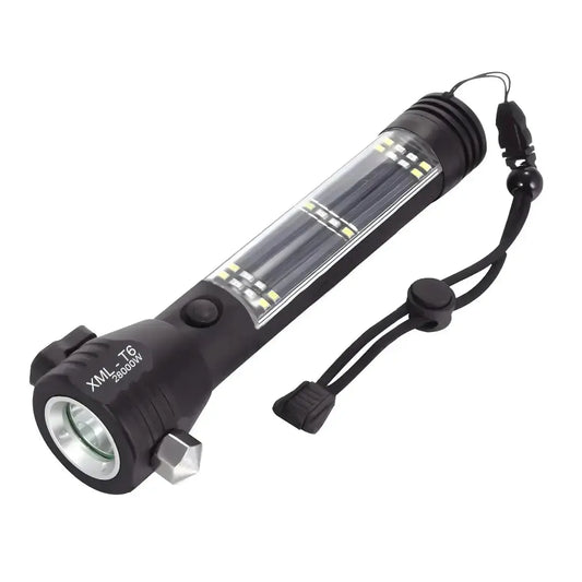 Multifunctional Flashlight & LED Torch Light for Outdoor Use with Glass Breaker, Seatbelt Cutter, Alarm and Phone Charger
