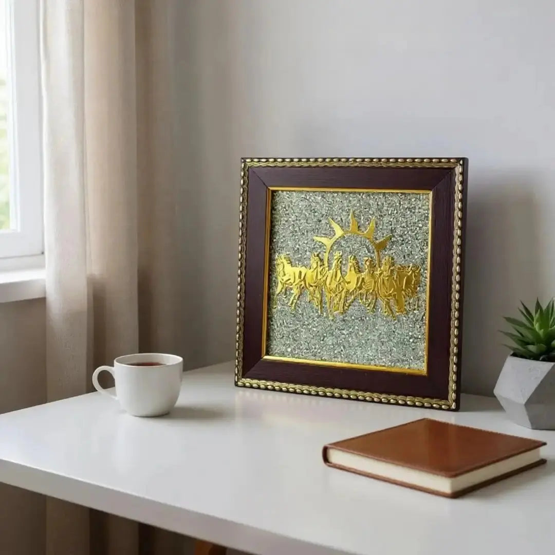 7 Horses on Raw Pyrite Frame Vastu Wall Decor