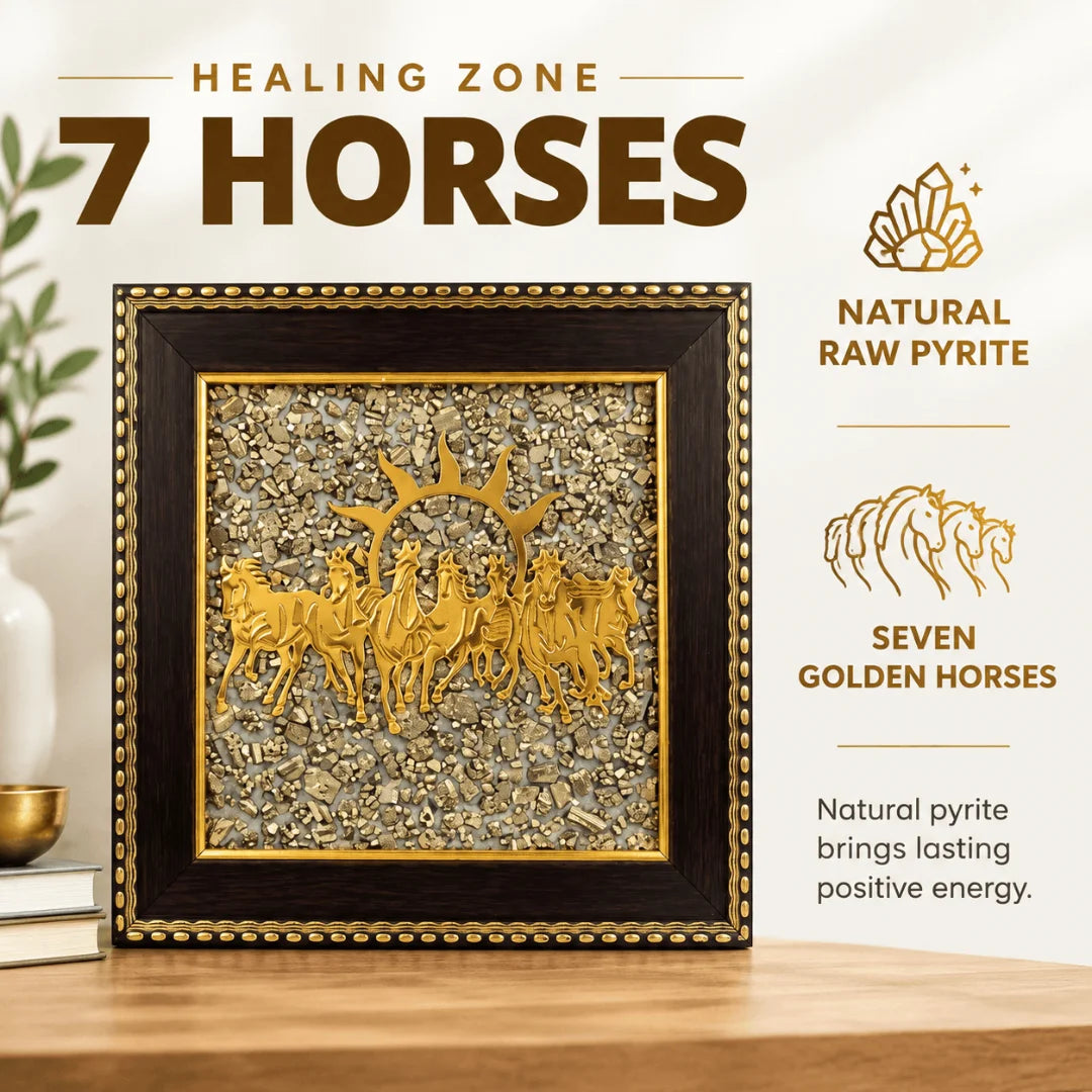 7 Horses on Raw Pyrite Frame Vastu Wall Decor