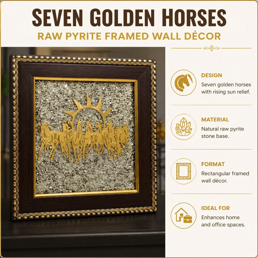 7 Horses on Raw Pyrite Frame Vastu Wall Decor
