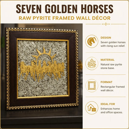7 Horses on Raw Pyrite Frame Vastu Wall Decor
