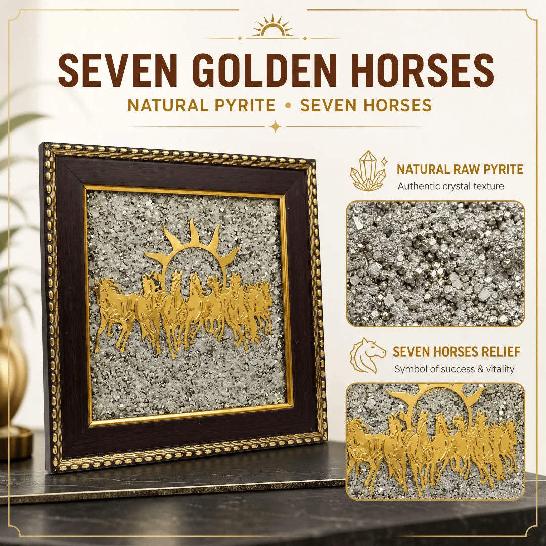 7 Horses on Raw Pyrite Frame Vastu Wall Decor
