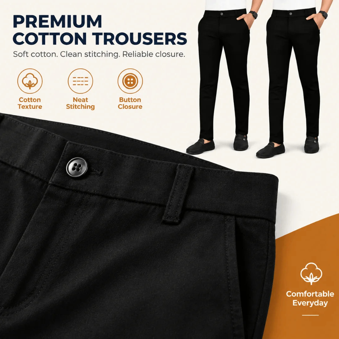 Trousers for Men, Black Cotton Trouser (Pack of 3)