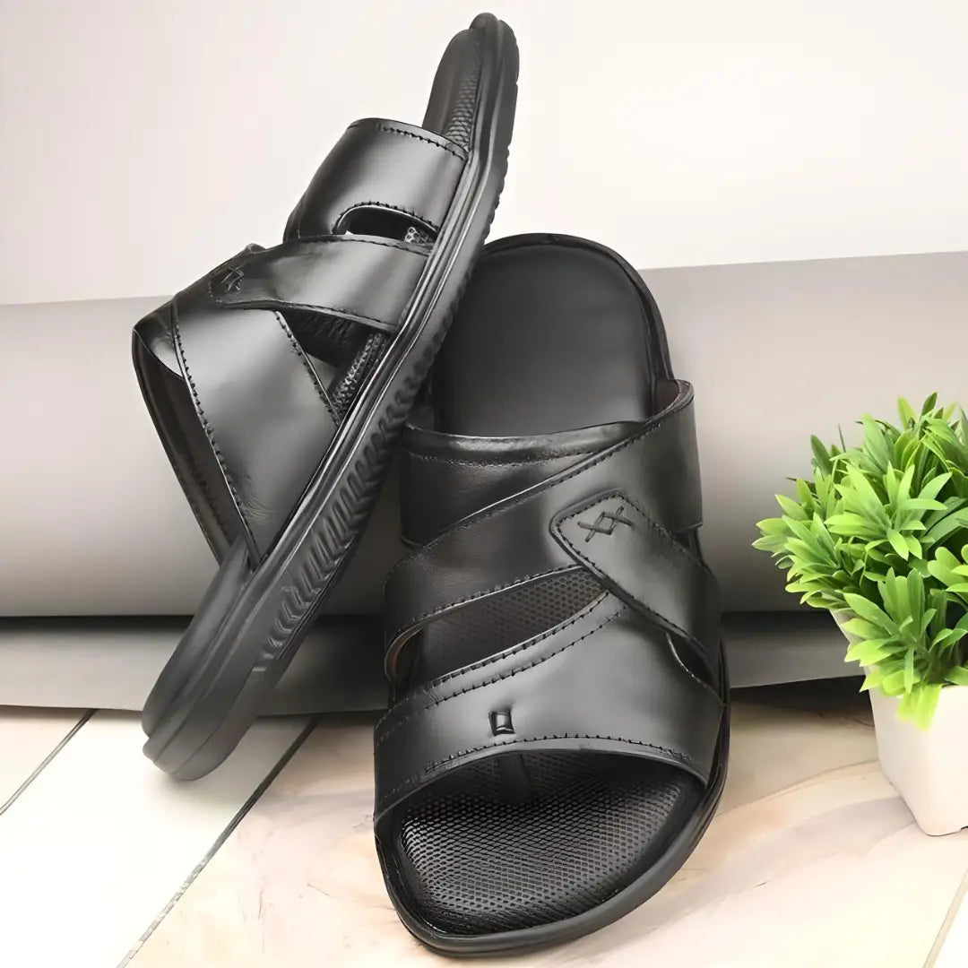 Black Leather Slippers for Men