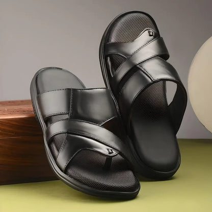 Black Leather Slippers for Men