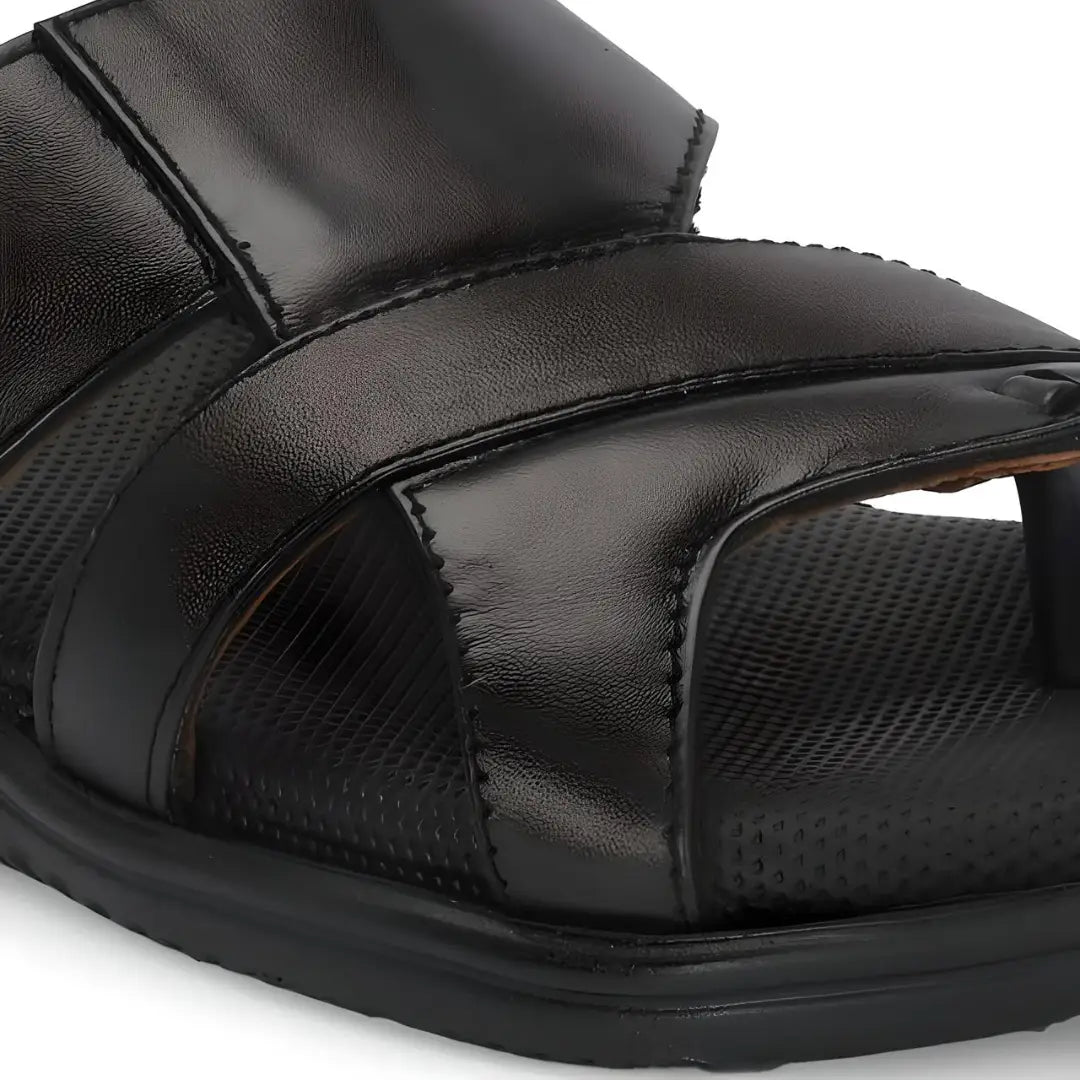 Black Leather Slippers for Men