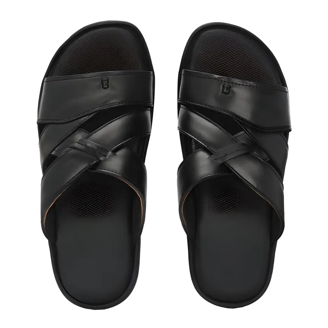 Black Leather Slippers for Men