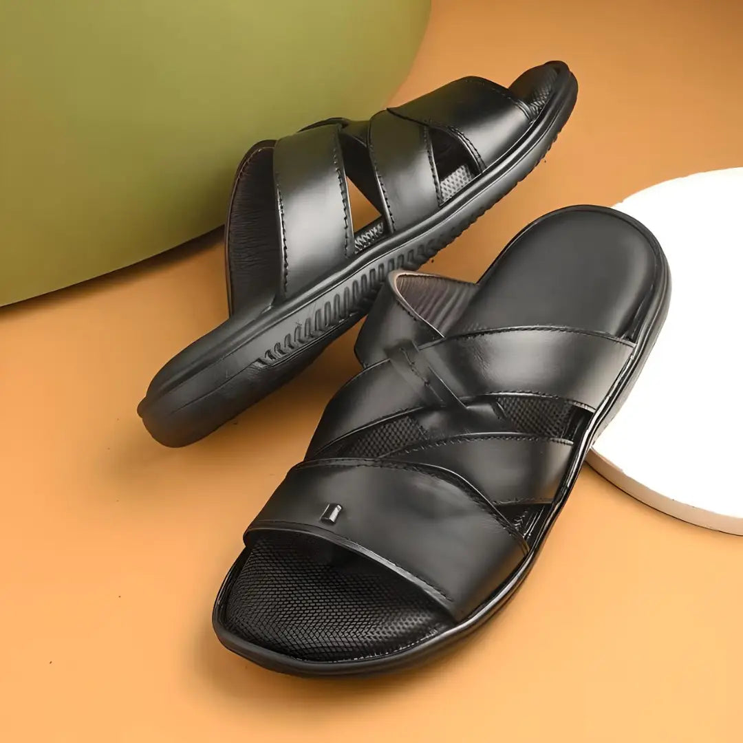 Black Leather Slippers for Men