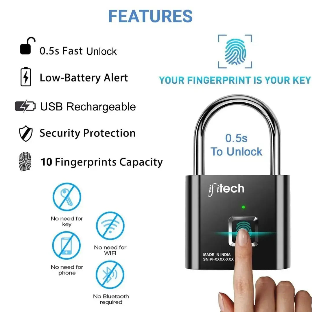 Padlock Portable Fingerprint USB Rechargeable